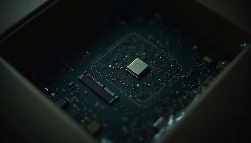 Et nærbillede af en computermikrochip monteret på en printplade med små elektroniske komponenter, indviklede veje og synlige etiketter, set fra en vinkel inde i en delvist åben kasse. - Kunstig intelligens AI