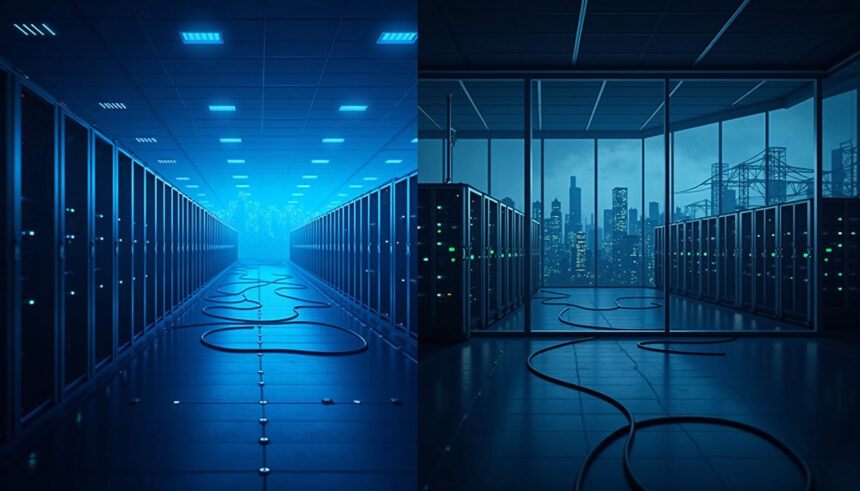 Et splitbillede viser to serverrum: Den venstre side er badet i blåt lys med kabler på gulvet, mens den højre side har store vinduer med udsigt over byens skyline, også med serverracks og kabler. - Kunstig intelligens AI