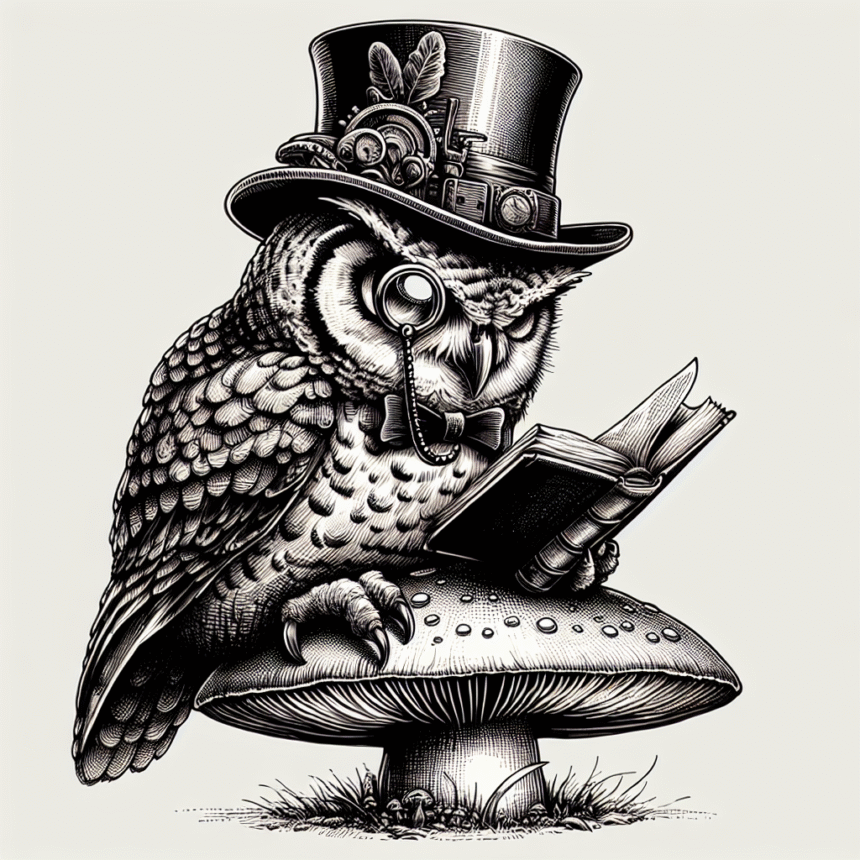 En detaljeret illustration af en ugle med høj hat, monokel og butterfly, der sidder på en svamp og læser i en bog. Den høje hat er dekoreret med tandhjul, fjer og små gadgets i steampunk-stil. - Kunstig intelligens AI