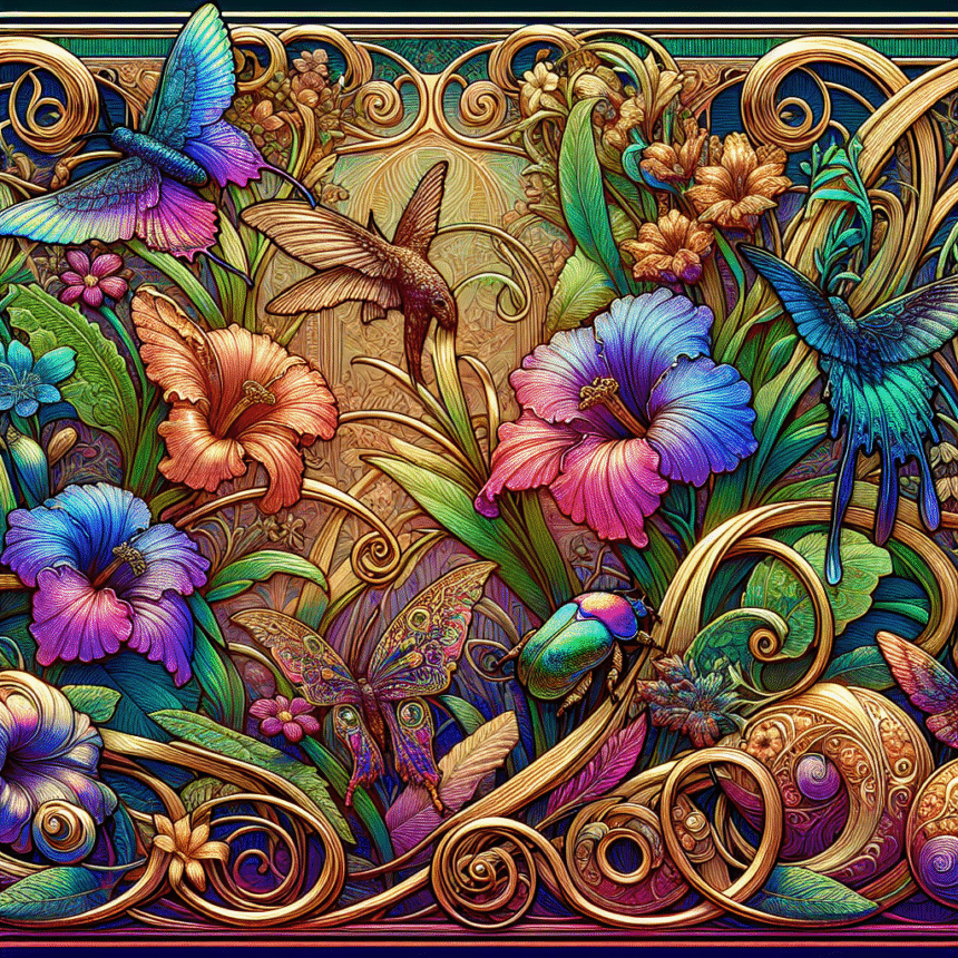 Levende, udsmykket illustration af farverige blomster, sommerfugle, kolibrier og en bille, omgivet af gyldne hvirvlende mønstre og frodige grønne blade, der skaber en indviklet, dekorativ naturscene. - Kunstig intelligens AI