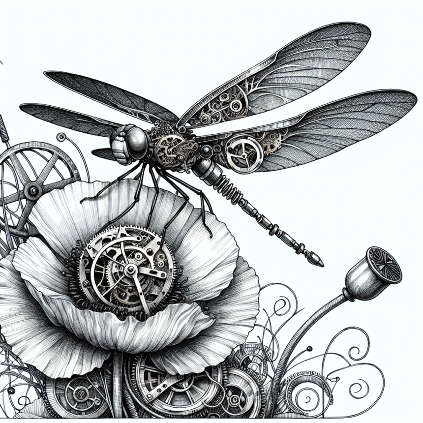 En detaljeret steampunk-libelle med mekaniske tandhjul svæver over en blomst lavet af metal og urværksdele, omgivet af indviklede, hvirvlende maskinelementer. - Kunstig intelligens AI