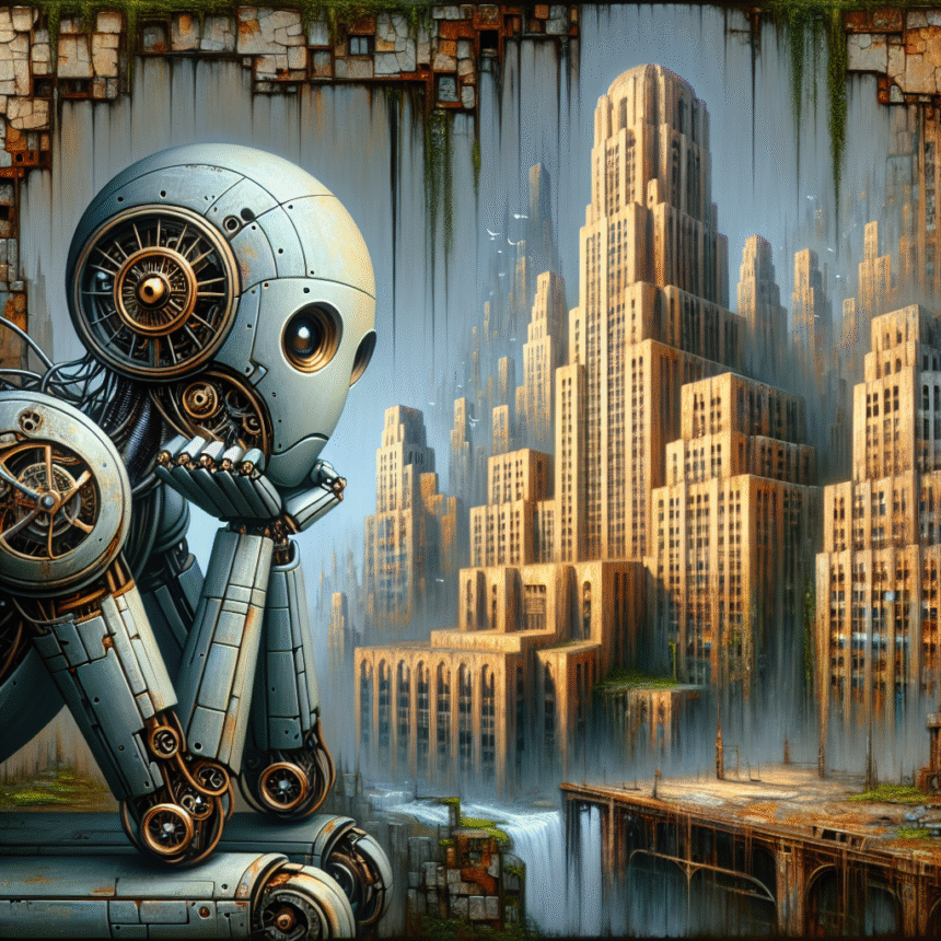En eftertænksom steampunk-robot sidder på kanten af en platform og ser på et indviklet art deco-bybillede med høje bygninger og frodigt grønt, der vokser mellem strukturerne. - Kunstig intelligens AI