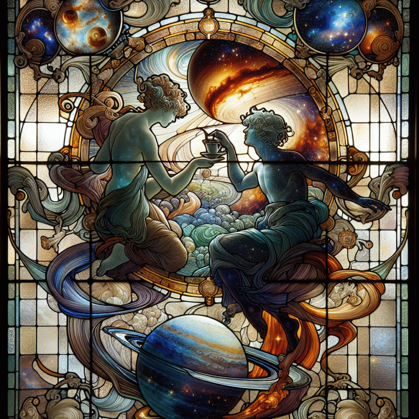 To himmelske figurer interagerer i et farvet glasdesign med hvirvlende kosmiske elementer, herunder planeter, galakser og skyer, med levende farver og indviklede detaljer, der fremkalder et mytologisk og astronomisk tema. - Kunstig intelligens AI