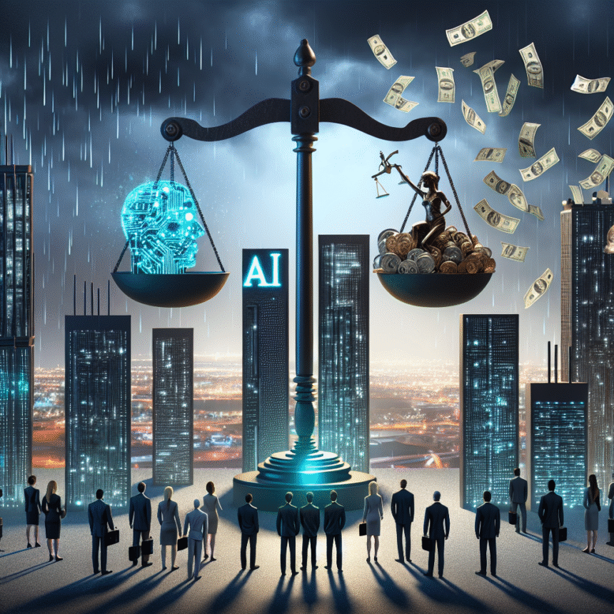 En stor skala afbalancerer en lysende AI-hjerne mod penge og Lady Justice, mens forretningsfolk ser på i et bybillede under regn og storm, hvilket symboliserer de etiske og økonomiske konsekvenser af kunstig intelligens. - Kunstig intelligens AI