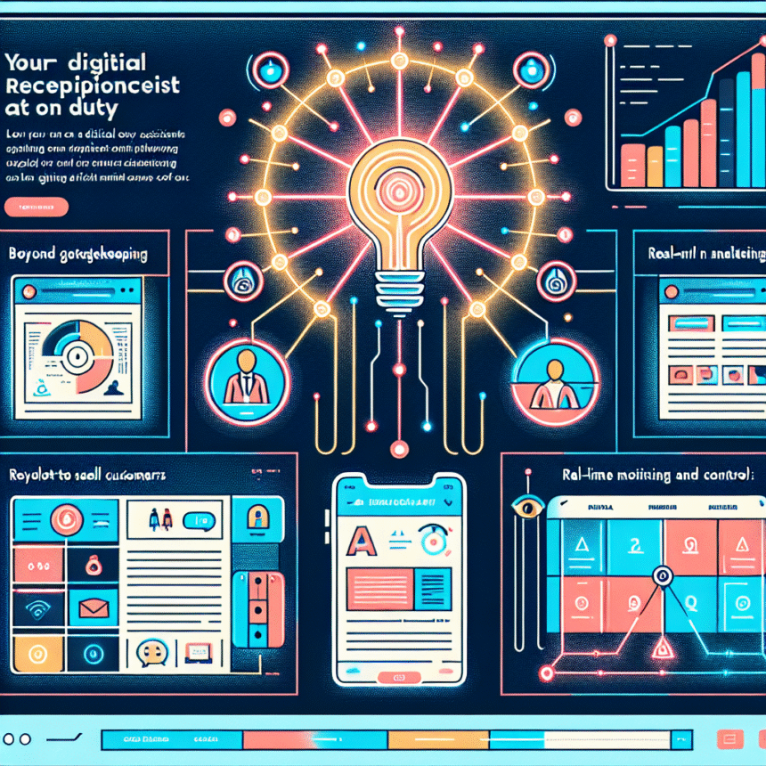 Et futuristisk digitalt instrumentbræt viser infografik, diagrammer og ikoner, der repræsenterer en virtuel receptionists opgaver, herunder overvågning, analyse, kundeinteraktion og automatisering, som alle er forbundet med oplyste kredsløb under en glødende pære. - Kunstig intelligens AI