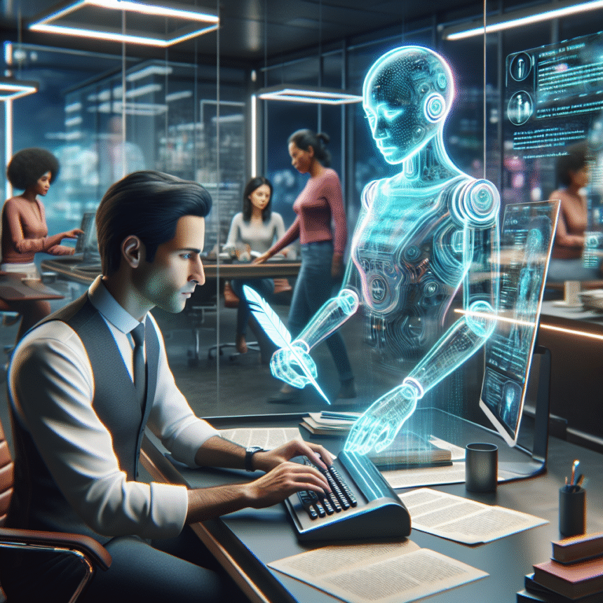 En mand skriver på en computer ved et moderne kontorbord, mens en holografisk robot ved siden af ham skriver med en pen; andre mennesker arbejder i baggrunden blandt digitale skærme og futuristisk indretning. - Kunstig intelligens AI
