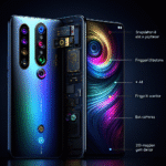 En farverig smartphone vises bagfra og forfra, og en del af dens indre er blotlagt. De mærkede funktioner omfatter kameraer, fingeraftrykssensor, fingeraftryksknapper, processor og et 200-megapixelkamera. - Kunstig intelligens AI