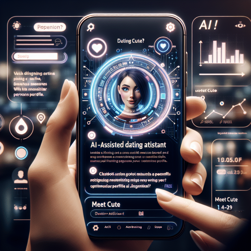 En person holder en smartphone, der viser en AI-assisteret datingapp-grænseflade med en digital kvindelig avatar, diagrammer, ikoner og glødende futuristisk grafik, der antyder avanceret teknologi og brugerinteraktion. - Kunstig intelligens AI