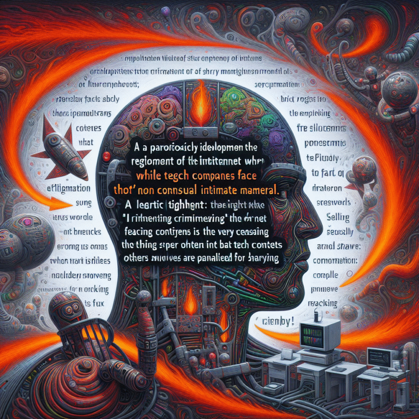 En surrealistisk illustration af et menneskehoved fyldt med tandhjul, kredsløb og hvirvlende farver, omgivet af teknologiske elementer, ledninger og abstrakt tekst, der fremhæver teknologivirksomheders udfordringer med ikke-samtykkebaseret intimt materiale. - Kunstig intelligens AI