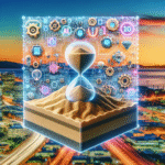 Et lysende timeglas fyldt med sand står foran et bybillede ved solnedgang, omgivet af digitale tandhjul, AI-symboler og ikoner, der repræsenterer krydsfeltet mellem teknologi, tid og byliv. - Kunstig intelligens AI
