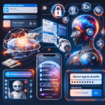 En futuristisk robotfigur interagerer med digitale grænseflader, der viser adgangskodeadministratorer, autoudfyldningsfunktioner og sikre agentmuligheder, som symboliserer kunstig intelligens, der håndterer digital sikkerhed og personlige data. Flydende ikoner og pengesedler er synlige. - Kunstig intelligens AI
