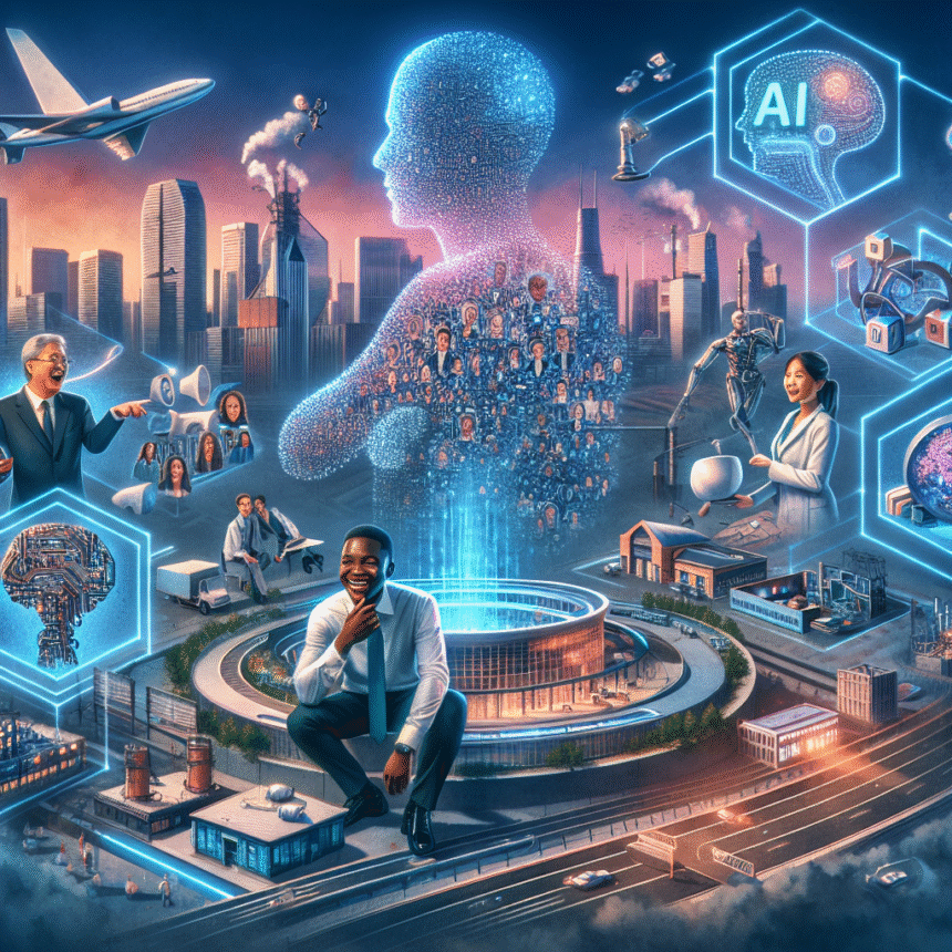 En futuristisk by med AI-temaer, forretningsfolk, digitale menneskefigurer lavet af ansigter, robotter og lysende datasymboler, der illustrerer integrationen af AI i industri, teknologi og byliv. - Kunstig intelligens AI