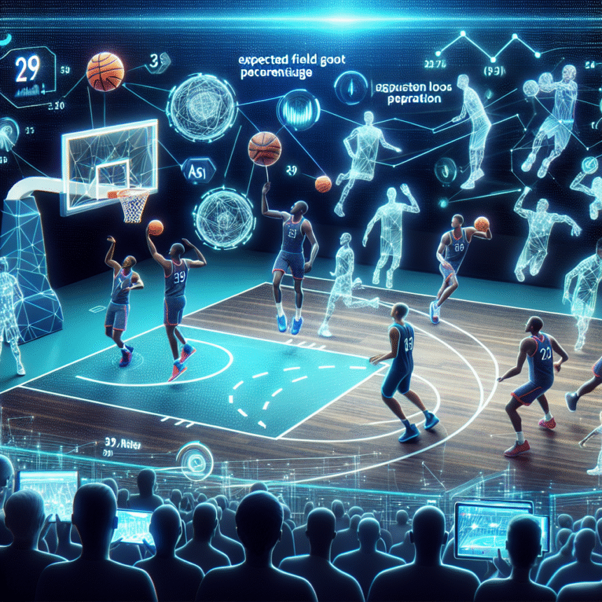 En basketballkamp spilles på en bane med digital grafik, der overlejrer statistikker, spillerbevægelser og skudbaner. Tilskuerne ser data som field goal-procent og spillernes positioner blive vist i futuristiske hologrammer. - Kunstig intelligens AI