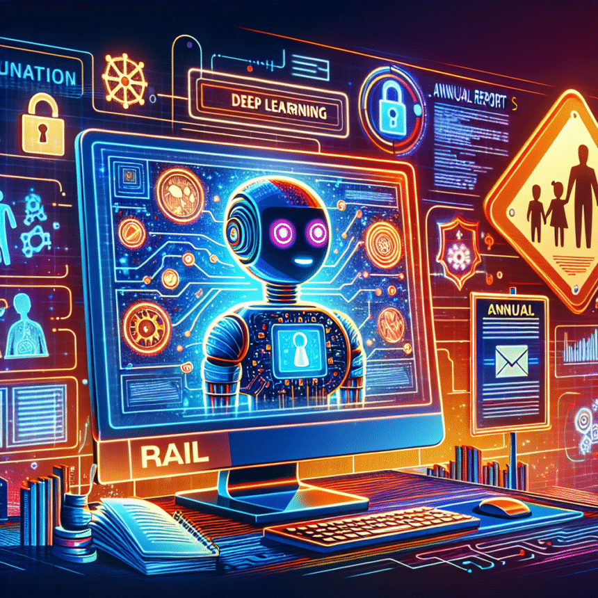Et futuristisk skrivebord viser en computerskærm med en robot mærket RAIL, omgivet af digitale ikoner for deep learning, sikkerhed, årsrapporter og et familieadvarselsskilt, alt sammen i livlige neonfarver. - Kunstig intelligens AI