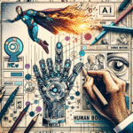 En collage med en robothånd, en superhelt, der flyver med flammer, en tegning af en menneskehånd, AI-tekst, videnskabelige diagrammer, avisudklip og skitser af ansigter, alt sammen i en vintage tegneserieillustrationsstil. - Kunstig intelligens AI