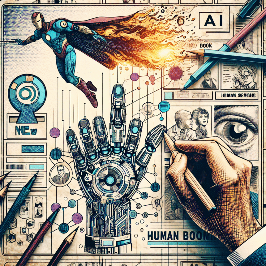 En collage med en robothånd, en superhelt, der flyver med flammer, en tegning af en menneskehånd, AI-tekst, videnskabelige diagrammer, avisudklip og skitser af ansigter, alt sammen i en vintage tegneserieillustrationsstil. - Kunstig intelligens AI
