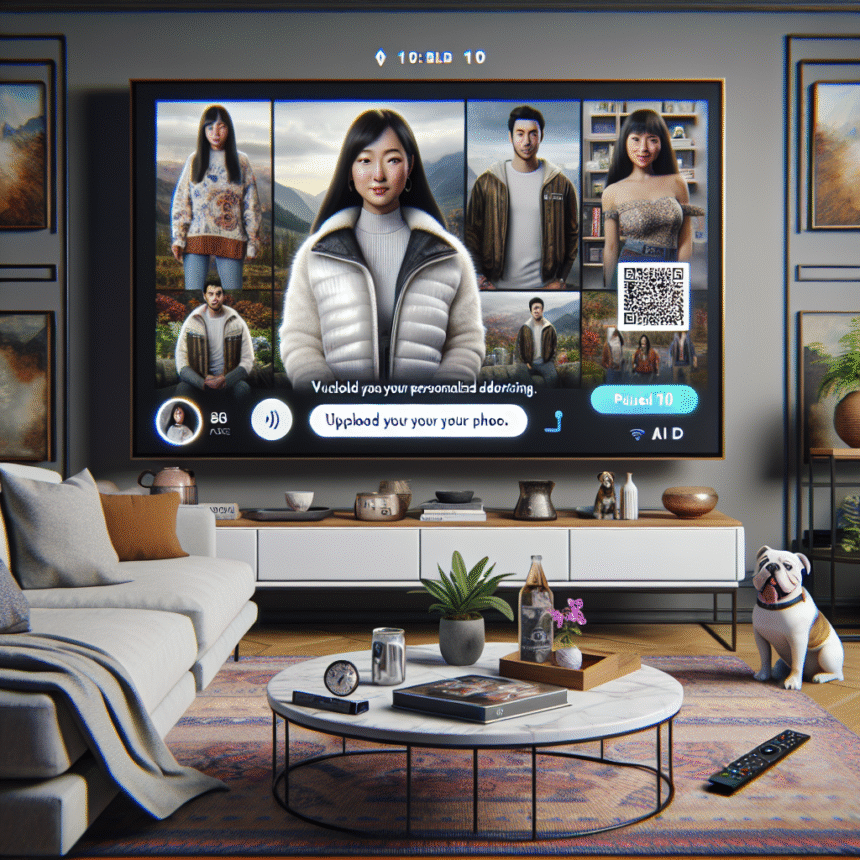 En stue med et stort tv, der viser en personlig reklameskærm med forskellige mennesker, en QR-kode og opfordringer til at uploade. En hund sidder ved et moderne sofabord med planter og bøger, og bjerge er synlige på tv'ets baggrund. - Kunstig intelligens AI