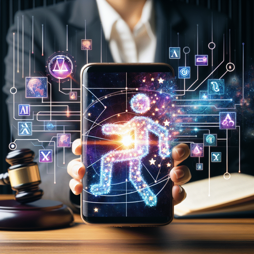 En person i jakkesæt holder en smartphone, der viser en lysende digital menneskefigur, omgivet af ikoner, der repræsenterer jura, teknologi og AI, med en hammer og en åben bog i forgrunden. - Kunstig intelligens AI