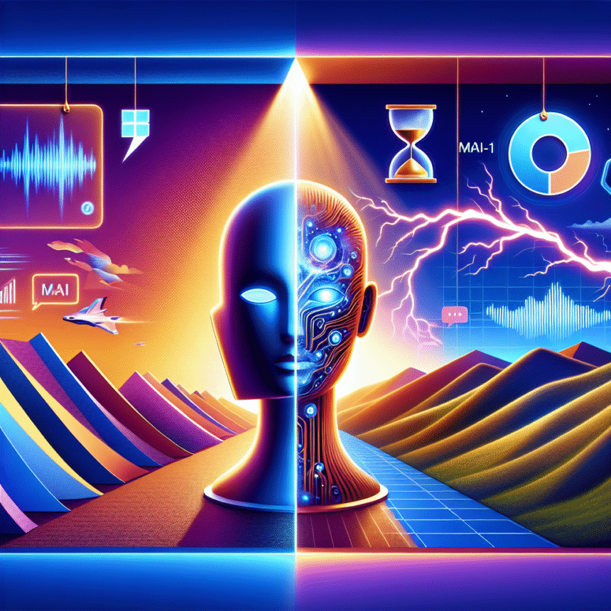 En futuristisk buste med delt ansigt, en menneske- og en robotside, omgivet af digitale grafer, flyvende jetfly, kredsløb og lyn, sat op mod farverige, stiliserede bjerge og levende visuelle elementer med AI-tema. - Kunstig intelligens AI