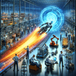 En futuristisk fabrik med robotter, mennesker, der arbejder på computere og maskiner, og en humanoid robot, der kører mod en lysende portal og efterlader et spor af lys. Hylder og avanceret teknologi fylder det travle, højteknologiske miljø. - Kunstig intelligens AI
