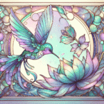 En levende illustration i glasmosaikstil af en kolibri, der svæver nær en lotusblomst, omgivet af sommerfugle og hvirvlende, pastelfarvede mønstre med en mystisk, himmelsk baggrund. - Kunstig intelligens AI