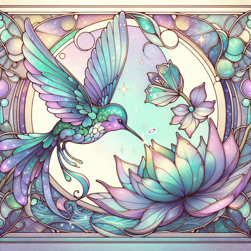 En levende illustration i glasmosaikstil af en kolibri, der svæver nær en lotusblomst, omgivet af sommerfugle og hvirvlende, pastelfarvede mønstre med en mystisk, himmelsk baggrund. - Kunstig intelligens AI