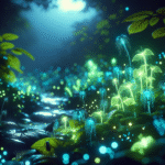En lysende, magisk skov om natten med bioluminescerende planter og blade i blå og grønne nuancer, med blidt lys, der oplyser en snoet sti og funklende partikler, der svæver i luften. - Kunstig intelligens AI