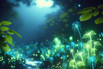 En lysende, magisk skov om natten med bioluminescerende planter og blade i blå og grønne nuancer, med blidt lys, der oplyser en snoet sti og funklende partikler, der svæver i luften. - Kunstig intelligens AI