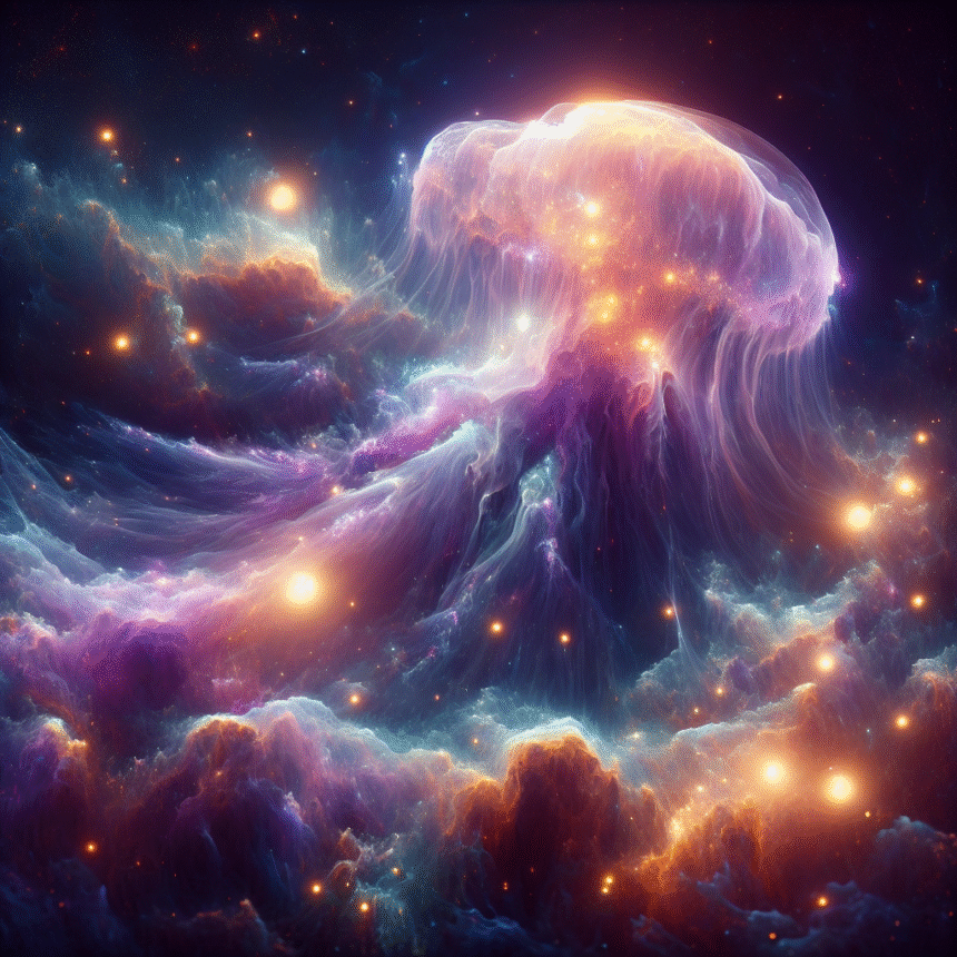 En glødende, gennemsigtig vandmandslignende skabning svæver blandt farverige kosmiske skyer og klare stjerner i det dybe rum og blander naturlige og fantastiske elementer i en surrealistisk, livlig scene. - Kunstig intelligens AI