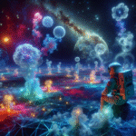 En astronaut sidder på en farverig, glødende overflade i et surrealistisk rumlandskab med svævende, lysende kugler og stjernetåger under en stjernefyldt himmel med planeter og kosmiske mønstre. - Kunstig intelligens AI