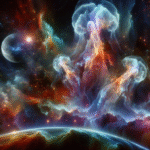 Farverige, gennemsigtige vandmandslignende figurer svæver over en planet i rummet, omgivet af levende tågeskyer og fjerne stjerner, mens en måne er synlig i baggrunden. Scenen er surrealistisk og kosmisk. - Kunstig intelligens AI