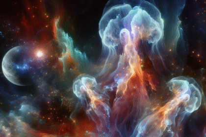 Farverige, gennemsigtige vandmandslignende figurer svæver over en planet i rummet, omgivet af levende tågeskyer og fjerne stjerner, mens en måne er synlig i baggrunden. Scenen er surrealistisk og kosmisk. - Kunstig intelligens AI