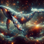En majestætisk hval lavet af stjerner og skyer svæver gennem en levende, glødende kosmisk himmel og blander sig problemfrit med de hvirvlende stjernetåger og blinkende lys i det ydre rum. - Kunstig intelligens AI