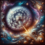 En lysende mælkebøtte smelter sammen med en hvirvlende kosmisk scene med stjerner, galakser og farverige stjernetåger, der skaber en drømmende fusion af naturen og det ydre rum i livlige blå, lilla og guldfarver. - Kunstig intelligens AI