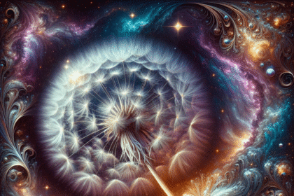 En lysende mælkebøtte smelter sammen med en hvirvlende kosmisk scene med stjerner, galakser og farverige stjernetåger, der skaber en drømmende fusion af naturen og det ydre rum i livlige blå, lilla og guldfarver. - Kunstig intelligens AI