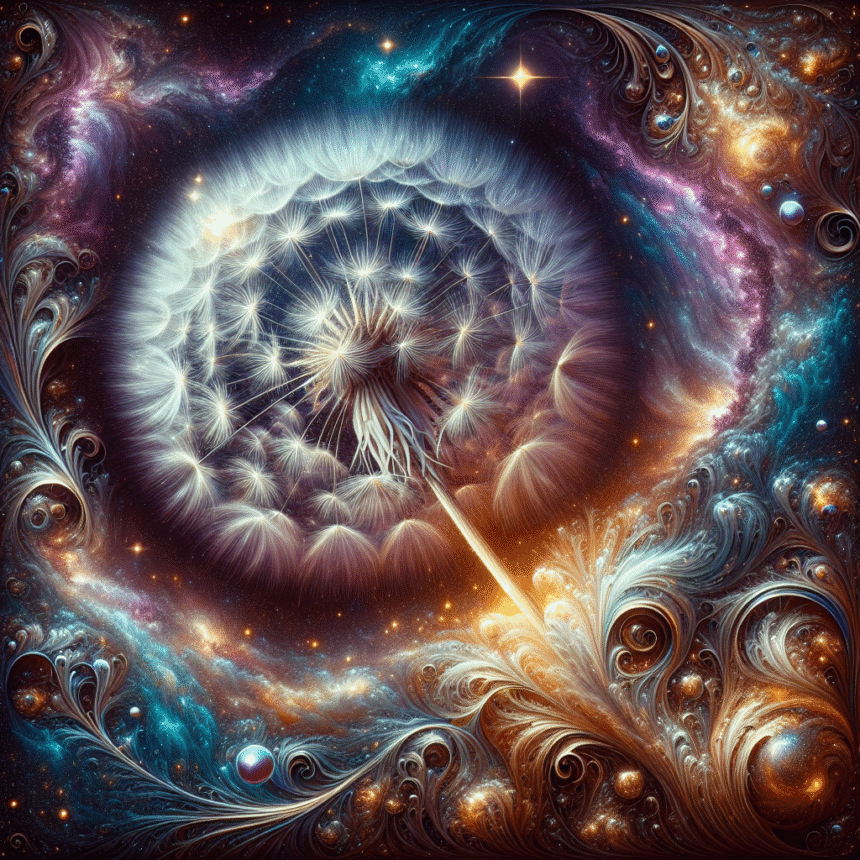 En lysende mælkebøtte smelter sammen med en hvirvlende kosmisk scene med stjerner, galakser og farverige stjernetåger, der skaber en drømmende fusion af naturen og det ydre rum i livlige blå, lilla og guldfarver. - Kunstig intelligens AI