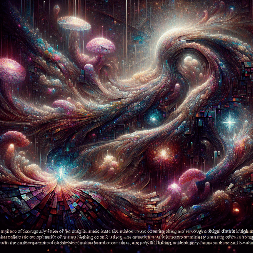 Et surrealistisk, farverigt digitalt kunstværk viser strømmende energibølger, glødende svampe, abstrakte former og futuristiske bylandskaber, der blander kosmiske og fantasifulde elementer med indviklede mønstre og strålende lyskilder. - Kunstig intelligens AI