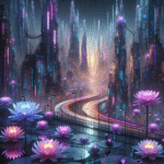 Et futuristisk bybillede med lysende skyskrabere og neonlys, med en snoet vej og store, oplyste lotusblomster, der flyder på vandet i forgrunden. Regnen falder blidt og tilføjer en drømmende cyberpunk-atmosfære. - Kunstig intelligens AI