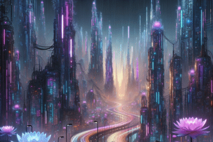 Et futuristisk bybillede med lysende skyskrabere og neonlys, med en snoet vej og store, oplyste lotusblomster, der flyder på vandet i forgrunden. Regnen falder blidt og tilføjer en drømmende cyberpunk-atmosfære. - Kunstig intelligens AI