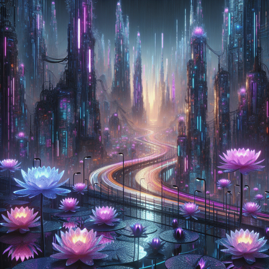 Et futuristisk bybillede med lysende skyskrabere og neonlys, med en snoet vej og store, oplyste lotusblomster, der flyder på vandet i forgrunden. Regnen falder blidt og tilføjer en drømmende cyberpunk-atmosfære. - Kunstig intelligens AI