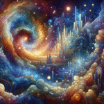 Et levende, surrealistisk kosmisk bybillede med hvirvlende galakser, glødende stjerner og futuristiske tårne, der rejser sig mellem skyerne. Scenen blander rumfart og urban fantasi med lysende, farverige mønstre og fantasifuld arkitektur. - Kunstig intelligens AI