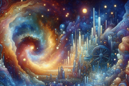 Et levende, surrealistisk kosmisk bybillede med hvirvlende galakser, glødende stjerner og futuristiske tårne, der rejser sig mellem skyerne. Scenen blander rumfart og urban fantasi med lysende, farverige mønstre og fantasifuld arkitektur. - Kunstig intelligens AI