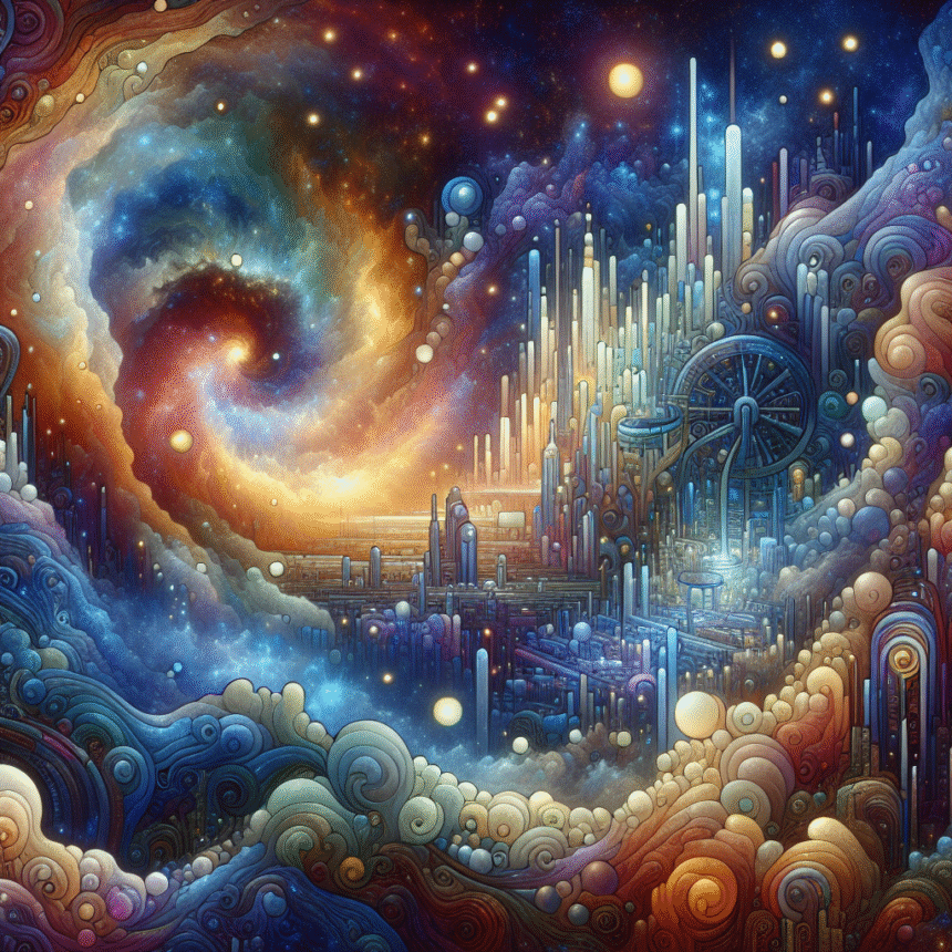 Et levende, surrealistisk kosmisk bybillede med hvirvlende galakser, glødende stjerner og futuristiske tårne, der rejser sig mellem skyerne. Scenen blander rumfart og urban fantasi med lysende, farverige mønstre og fantasifuld arkitektur. - Kunstig intelligens AI