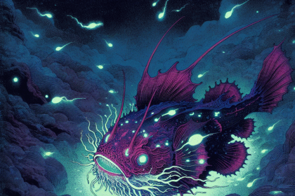 En lysende havtaske med bioluminescerende blå og lilla nuancer svømmer gennem mørke, hvirvlende havstrømme, omgivet af flydende, lysende kugler. - Kunstig intelligens AI