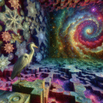 En hejre står på farverige, geometriske platforme i et surrealistisk rum fyldt med indviklede snefnug og en levende, hvirvlende kosmisk spiral på den fjerneste væg. Scenen blander natur, fraktaler og fantasy-elementer. - Kunstig intelligens AI