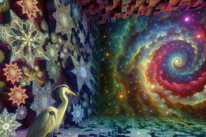 En hejre står på farverige, geometriske platforme i et surrealistisk rum fyldt med indviklede snefnug og en levende, hvirvlende kosmisk spiral på den fjerneste væg. Scenen blander natur, fraktaler og fantasy-elementer. - Kunstig intelligens AI