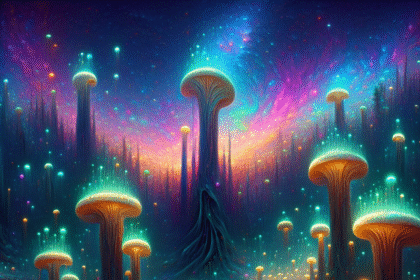 En glødende, fantastisk skov fyldt med høje, bioluminescerende svampe under en hvirvlende, farverig himmel, der skaber et drømmende, overjordisk landskab med levende neonlys. - Kunstig intelligens AI