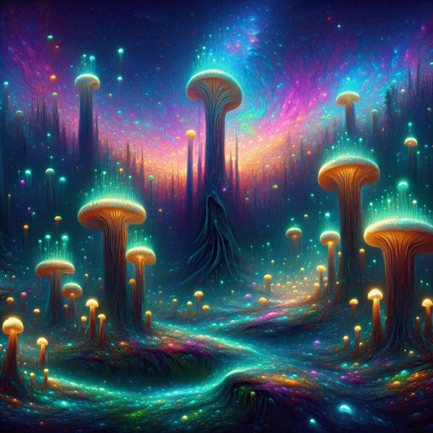 En glødende, fantastisk skov fyldt med høje, bioluminescerende svampe under en hvirvlende, farverig himmel, der skaber et drømmende, overjordisk landskab med levende neonlys. - Kunstig intelligens AI