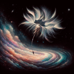 Et sart mælkebøttefrø svæver gennem en farverig kosmisk hvirvel, der blander elementer fra naturen og det ydre rum mod en mørk baggrund fyldt med stjerner og galakser. - Kunstig intelligens AI