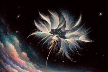 Et sart mælkebøttefrø svæver gennem en farverig kosmisk hvirvel, der blander elementer fra naturen og det ydre rum mod en mørk baggrund fyldt med stjerner og galakser. - Kunstig intelligens AI